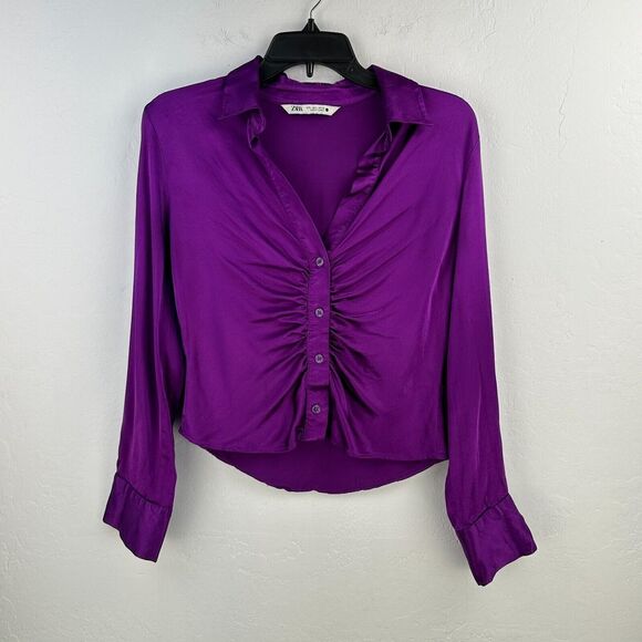 Zara Top Women Blouse Large Purple Ruched Satin Stretch Office Colorful Office‎ - Picture 1 of 7